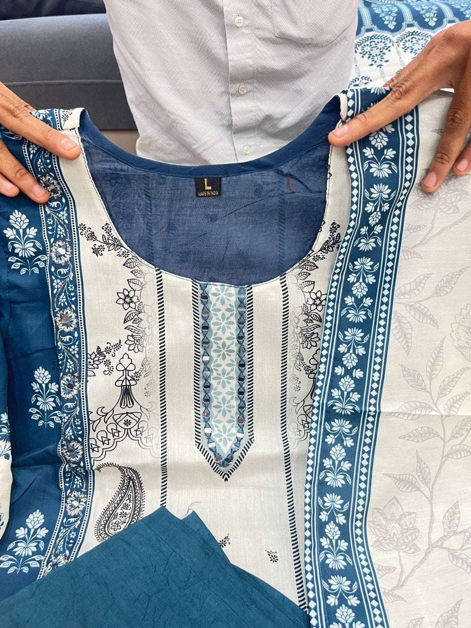 HOS Berry Silk Suit Set – Hand Mirror Work Kurti with Pant & Dupatta (Teal Blue & Ivory) - House Of ShiVisha