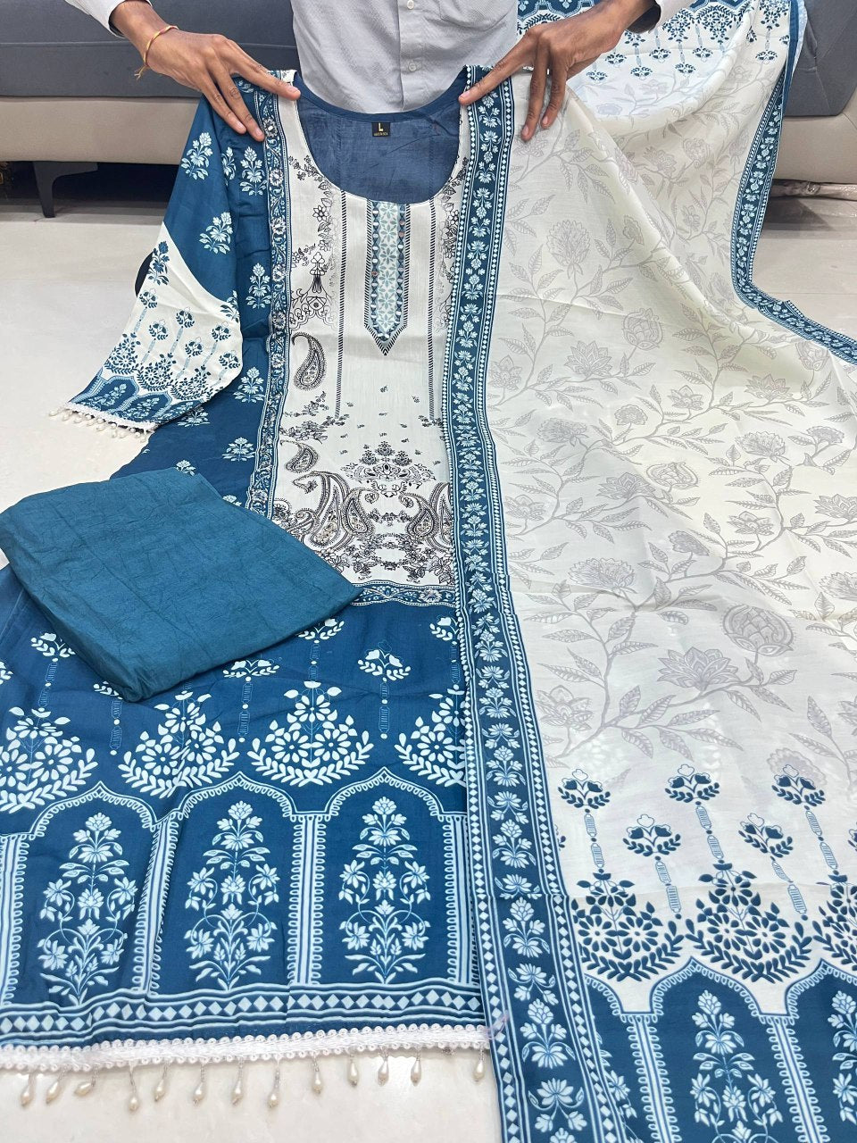 HOS Berry Silk Suit Set – Hand Mirror Work Kurti with Pant & Dupatta (Teal Blue & Ivory)