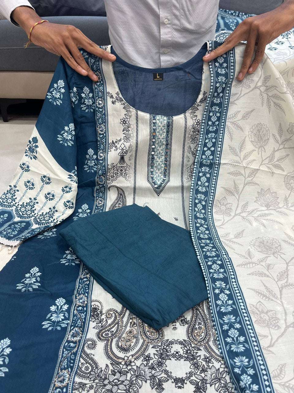 HOS Berry Silk Suit Set – Hand Mirror Work Kurti with Pant & Dupatta (Teal Blue & Ivory) - House Of ShiVisha