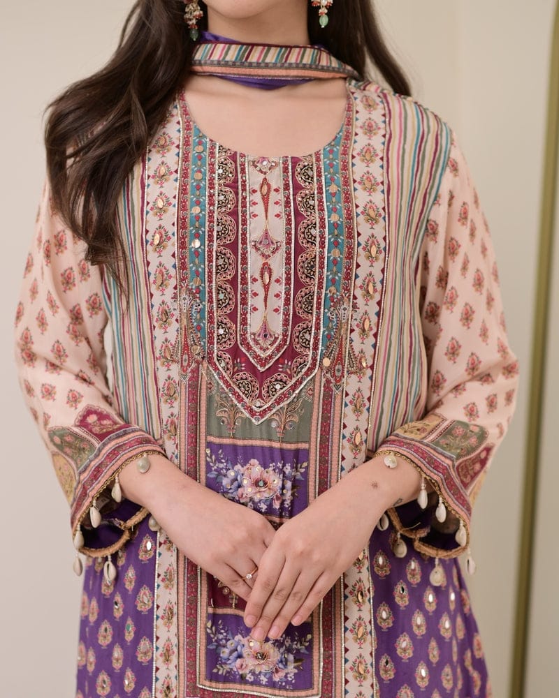 HOS Jasood Anarkali Set – Pure Chinon Kurti with Plazo, Chiffon Dupatta & Moti Mala (2 Color Kodi)