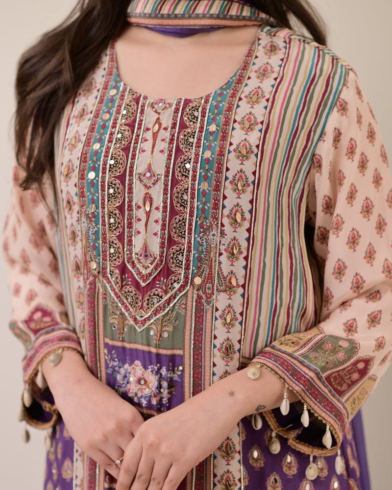 HOS Jasood Anarkali Set – Pure Chinon Kurti with Plazo, Chiffon Dupatta & Moti Mala (2 Color Kodi)