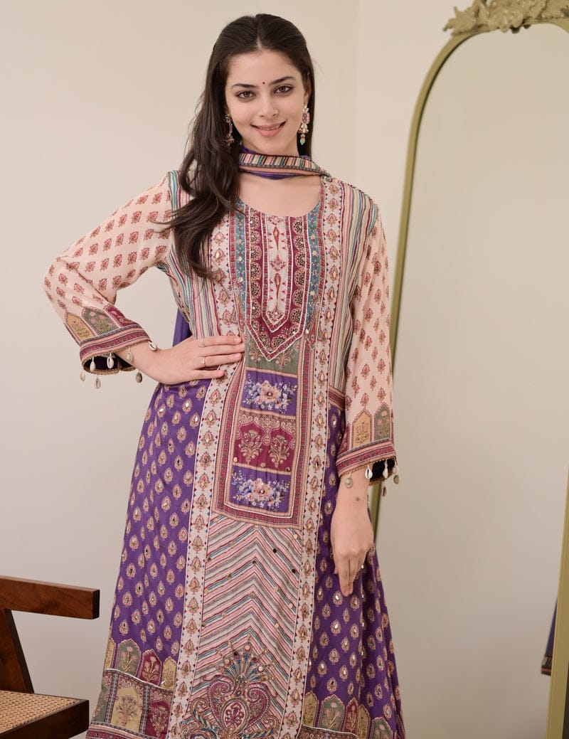 HOS Jasood Anarkali Set – Pure Chinon Kurti with Plazo, Chiffon Dupatta & Moti Mala (2 Color Kodi)
