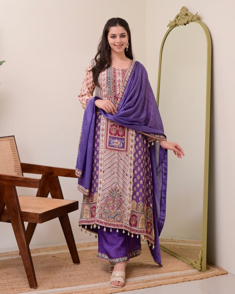 HOS Jasood Anarkali Set – Pure Chinon Kurti with Plazo, Chiffon Dupatta & Moti Mala (2 Color Kodi)