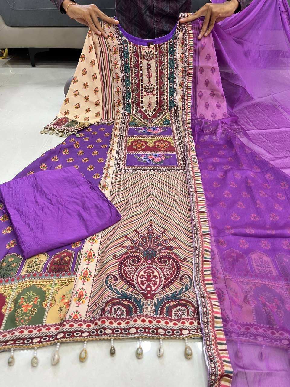 HOS Jasood Anarkali Set – Pure Chinon Kurti with Plazo, Chiffon Dupatta & Moti Mala (2 Color Kodi) - House Of ShiVisha