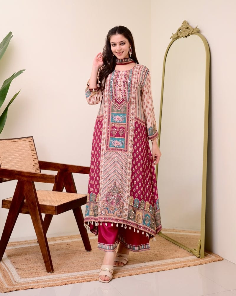 HOS Jasood Anarkali Set – Pure Chinon Kurti with Plazo, Chiffon Dupatta & Moti Mala (2 Color Kodi)