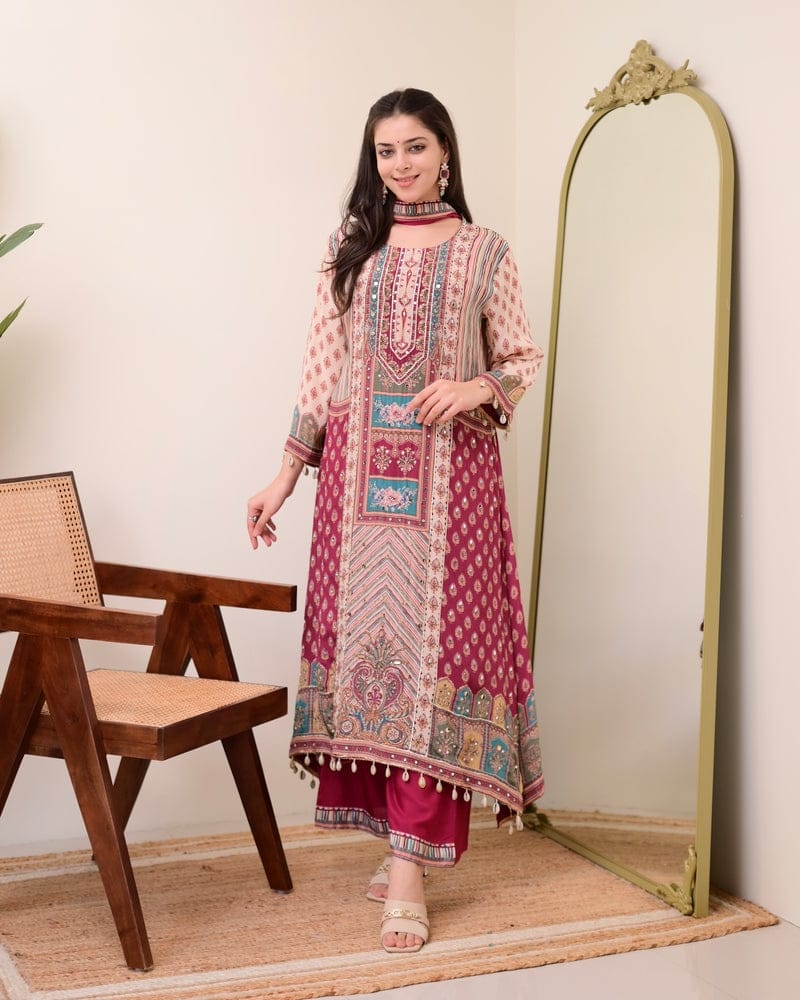 HOS Jasood Anarkali Set – Pure Chinon Kurti with Plazo, Chiffon Dupatta & Moti Mala (2 Color Kodi)