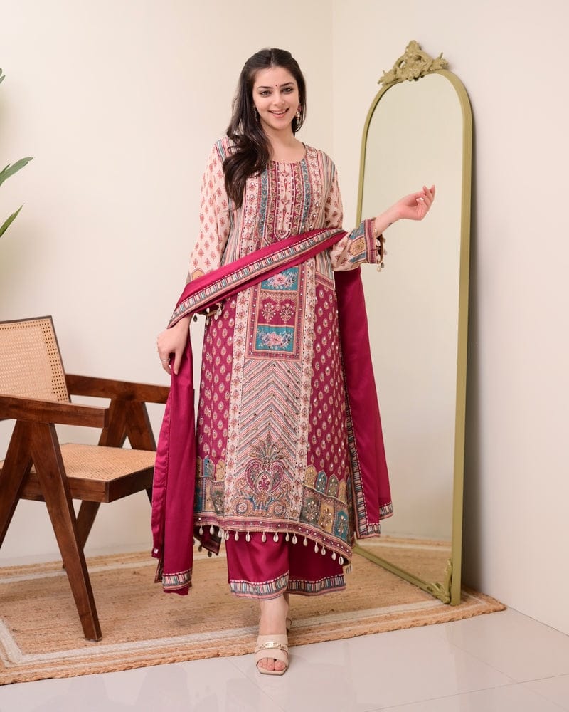 HOS Jasood Anarkali Set – Pure Chinon Kurti with Plazo, Chiffon Dupatta & Moti Mala (2 Color Kodi)