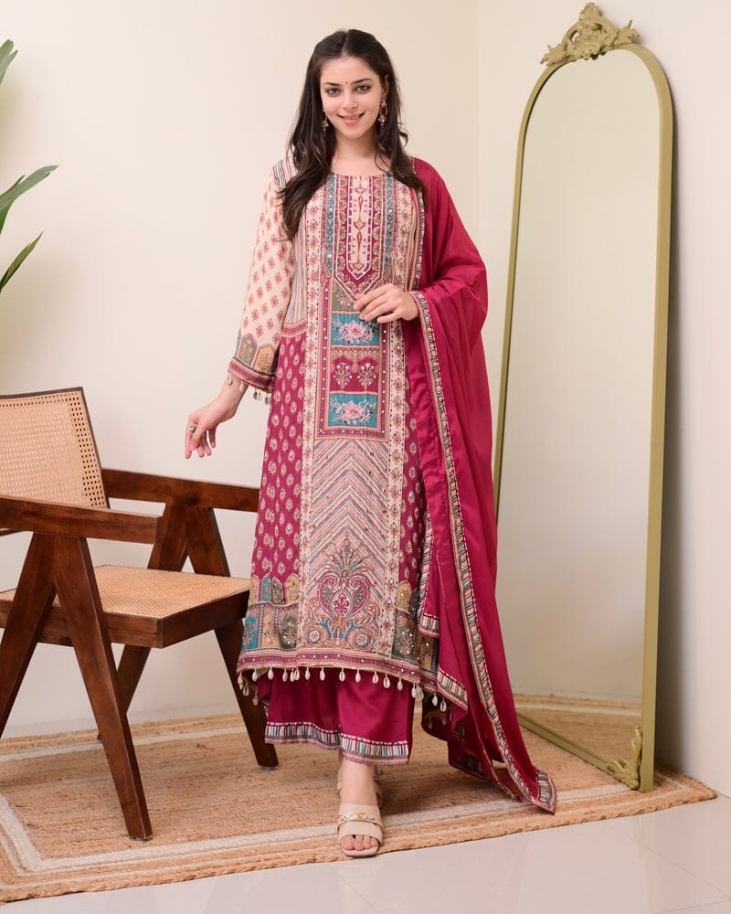 HOS Jasood Anarkali Set – Pure Chinon Kurti with Plazo, Chiffon Dupatta & Moti Mala (2 Color Kodi)