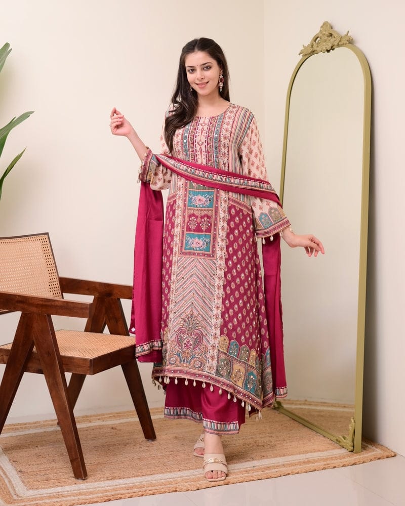 HOS Jasood Anarkali Set – Pure Chinon Kurti with Plazo, Chiffon Dupatta & Moti Mala (2 Color Kodi)