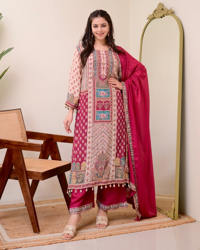 HOS Jasood Anarkali Set – Pure Chinon Kurti with Plazo, Chiffon Dupatta & Moti Mala (2 Color Kodi)