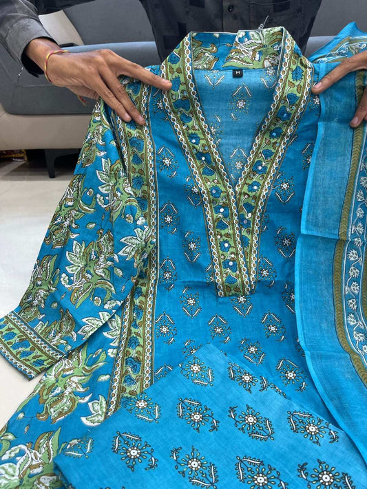 HOS Monsoon Cotton Kurti Set – Printed A-Line with V-Neck, Palazzo & Dupatta (4 Colors) - House Of ShiVisha