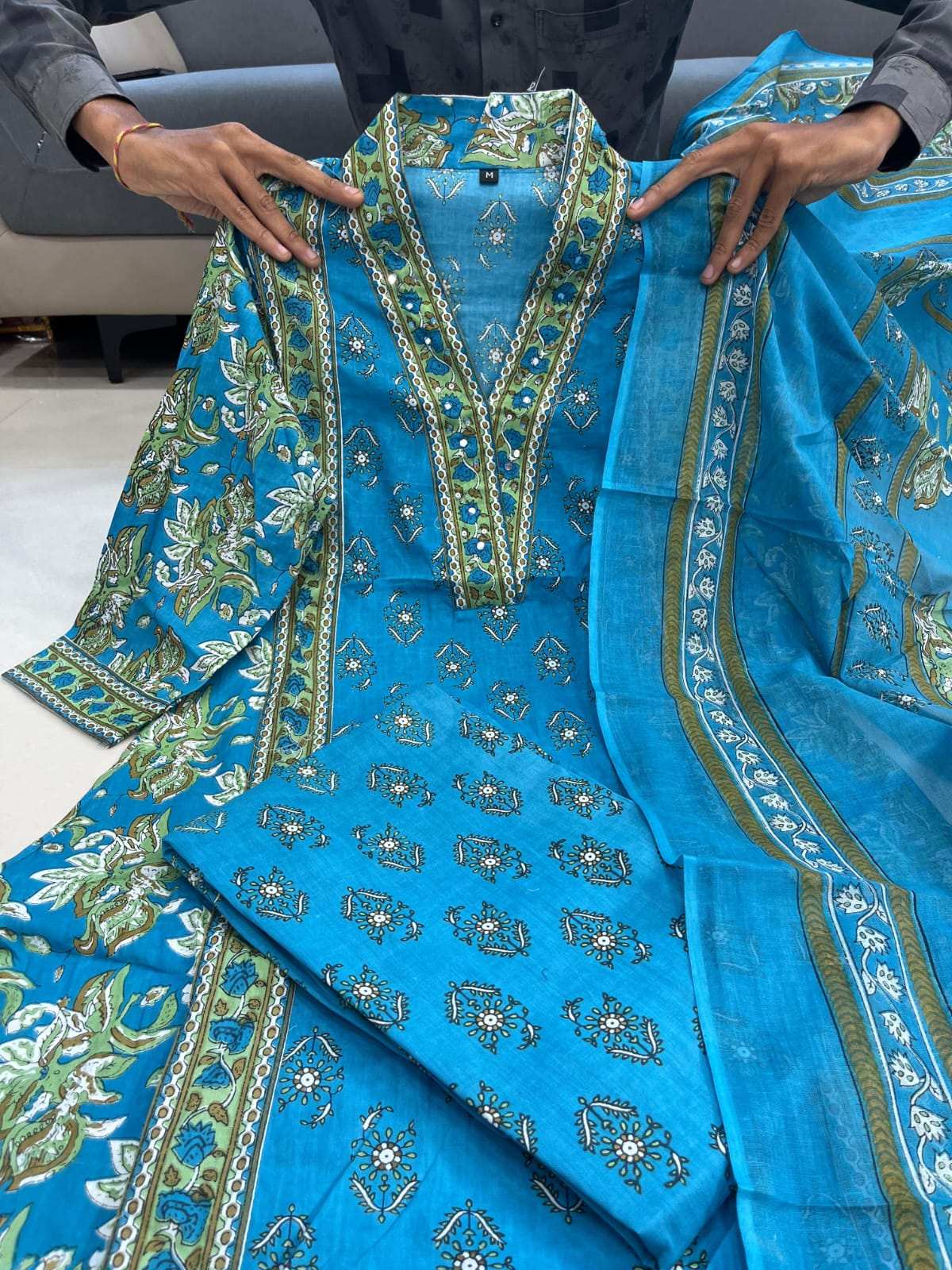 HOS Monsoon Cotton Kurti Set – Printed A-Line with V-Neck, Palazzo & Dupatta (4 Colors) - House Of ShiVisha