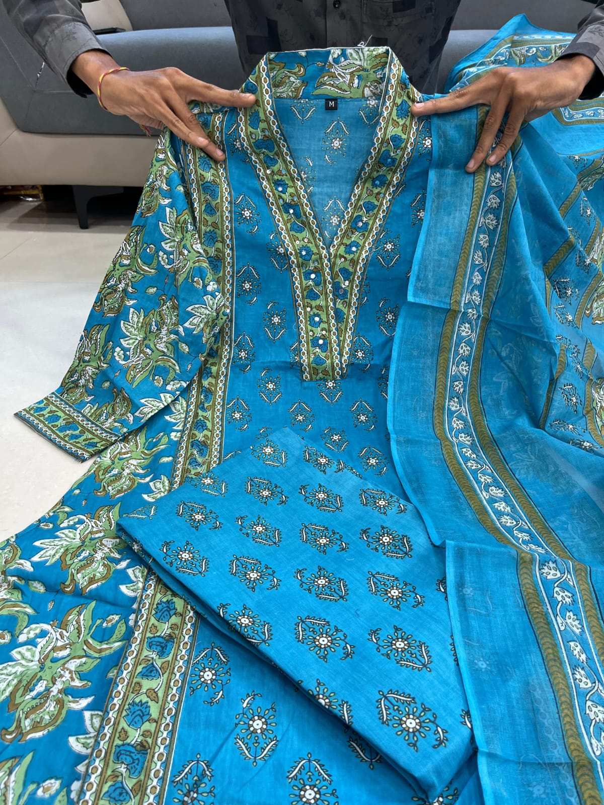 HOS Monsoon Cotton Kurti Set – Printed A-Line with V-Neck, Palazzo & Dupatta (4 Colors) - House Of ShiVisha