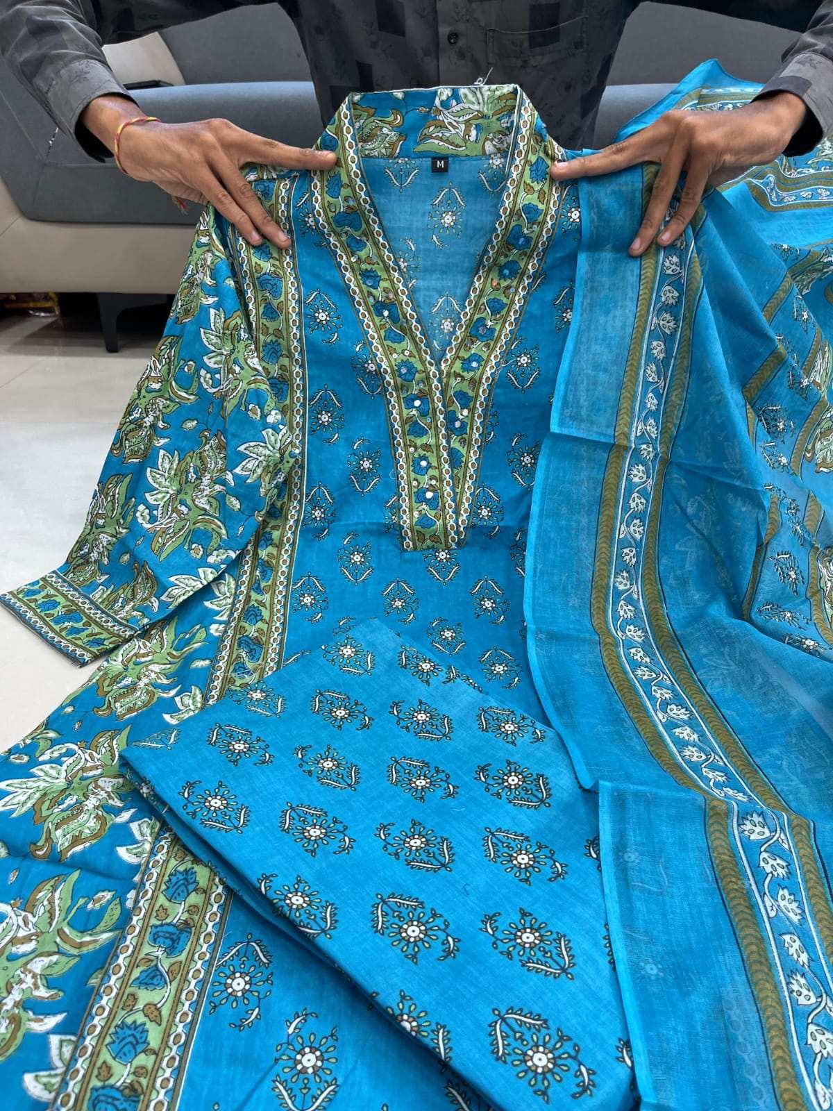 HOS Monsoon Cotton Kurti Set – Printed A-Line with V-Neck, Palazzo & Dupatta (4 Colors) - House Of ShiVisha