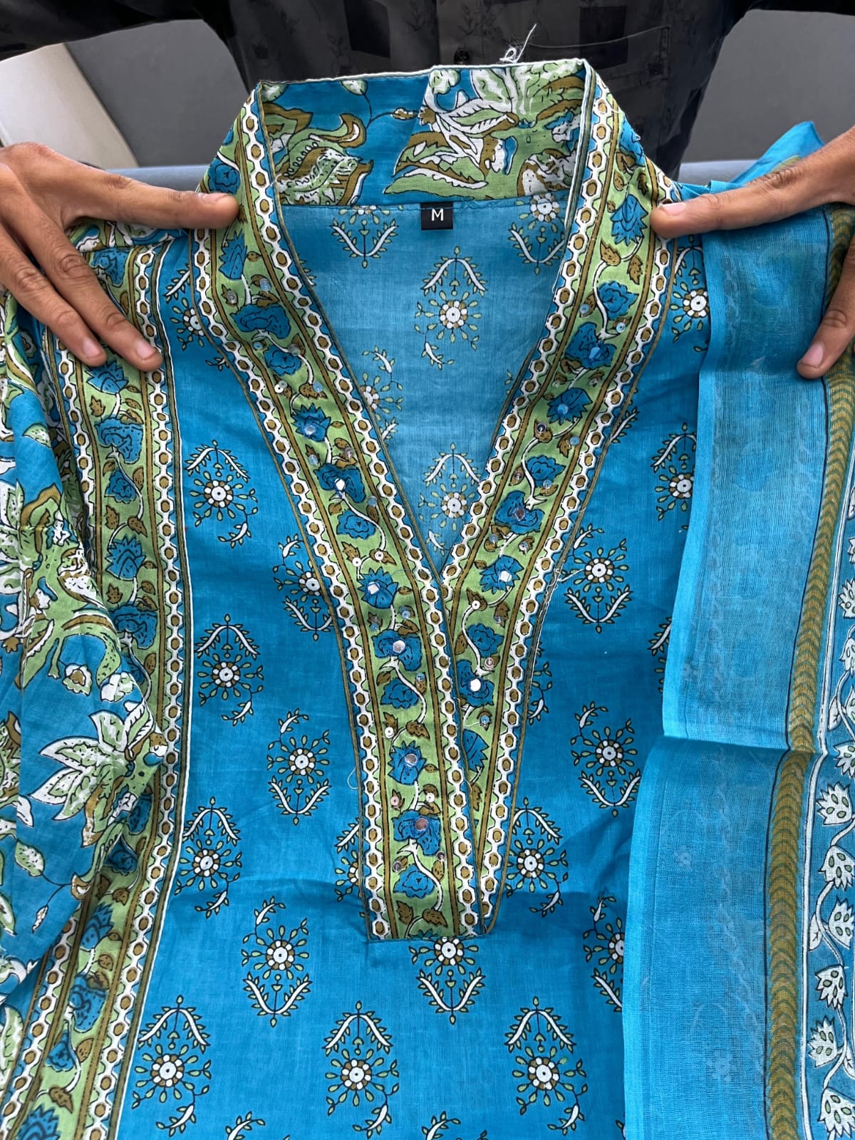 HOS Monsoon Cotton Kurti Set – Printed A-Line with V-Neck, Palazzo & Dupatta (4 Colors)