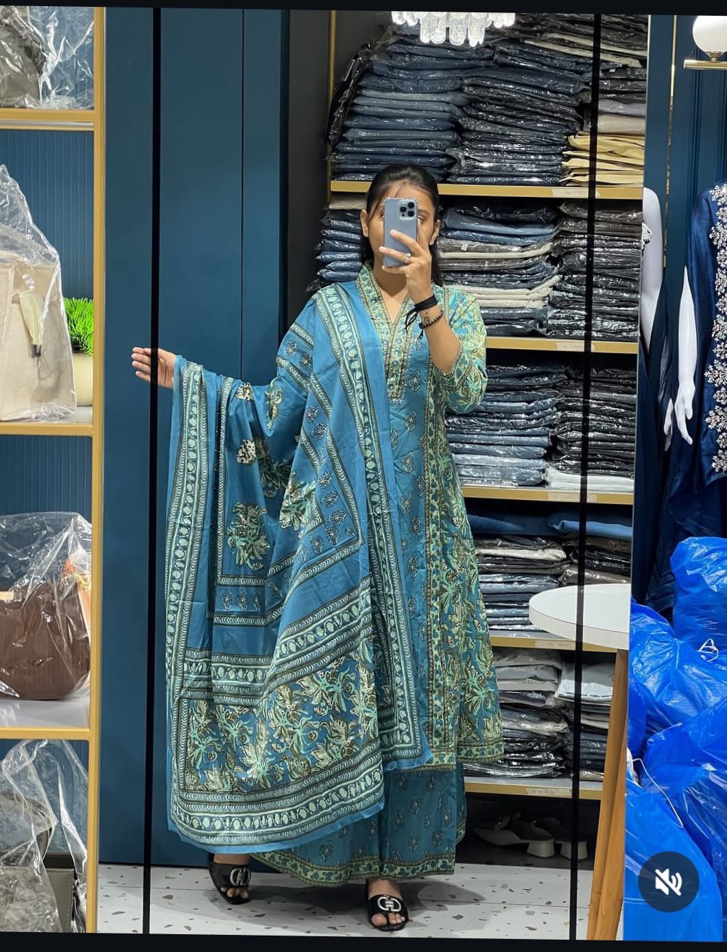 HOS Monsoon Cotton Kurti Set – Printed A-Line with V-Neck, Palazzo & Dupatta (4 Colors)