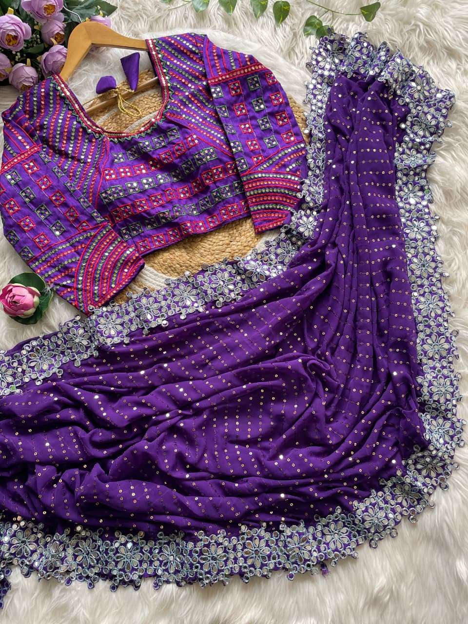 HOS DF 3453 Bollywood Blockbuster Saree – Faux Georgette with Original Mirror & Sequins Work - House Of ShiVisha