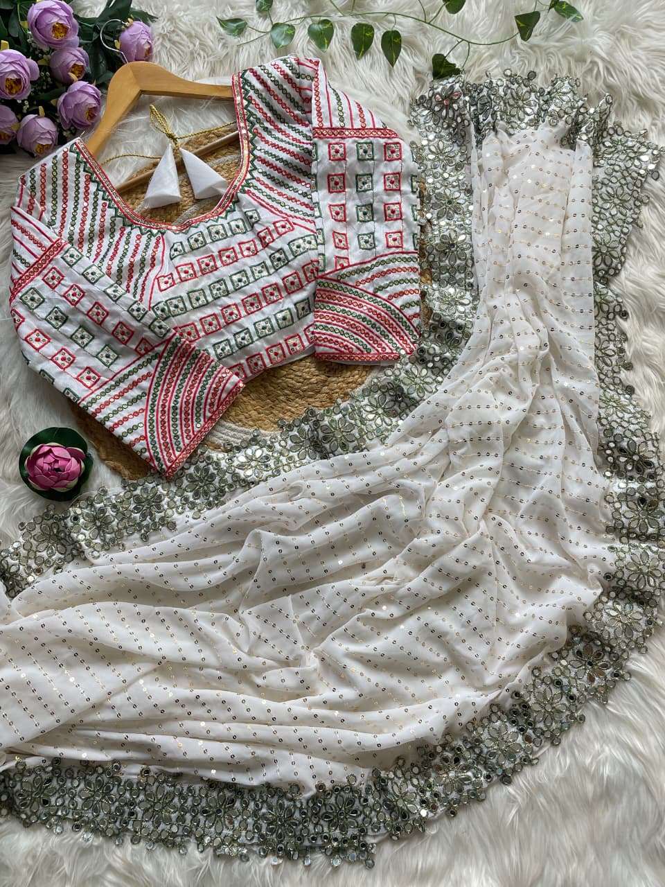 HOS DF 3453 Bollywood Blockbuster Saree – Faux Georgette with Original Mirror & Sequins Work - House Of ShiVisha