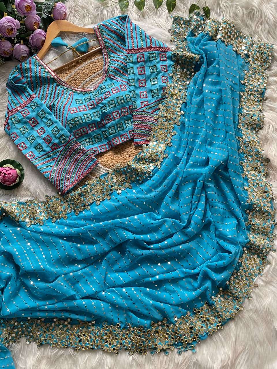 HOS DF 3453 Bollywood Blockbuster Saree – Faux Georgette with Original Mirror & Sequins Work - House Of ShiVisha