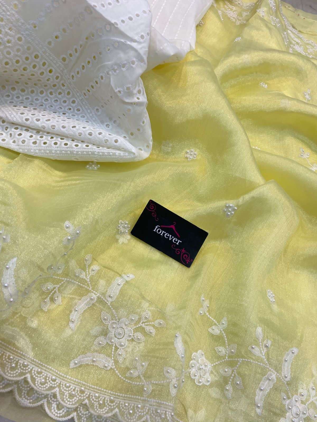 HOS Pure Khadi Organza Saree – Elegant Embroidery with Chicken Blouse - House Of ShiVisha