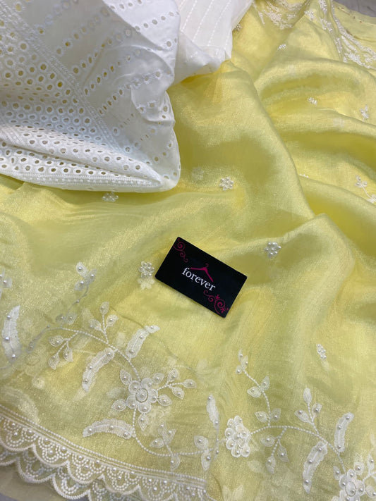 HOS Pure Khadi Organza Saree – Elegant Embroidery with Chicken Blouse