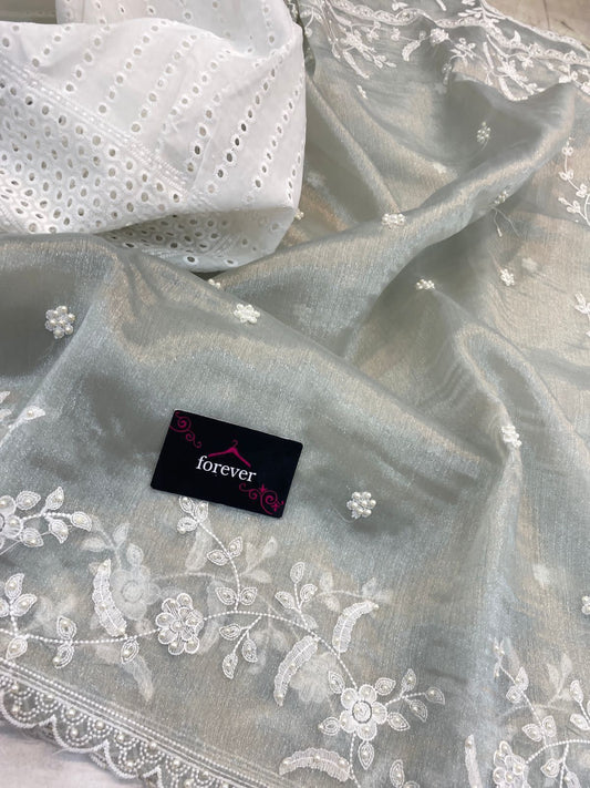 HOS Pure Khadi Organza Saree – Elegant Embroidery with Chicken Blouse