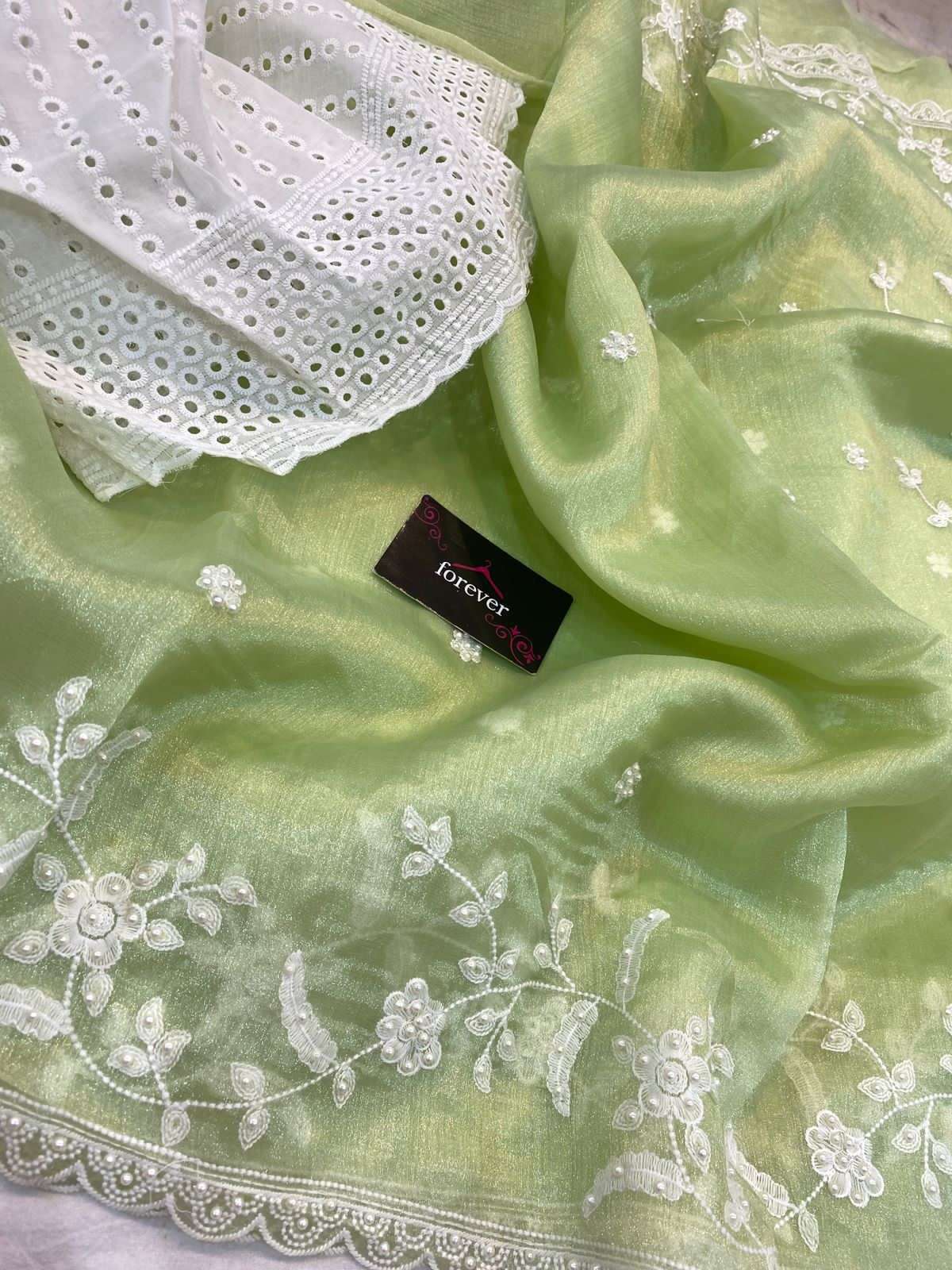 HOS Pure Khadi Organza Saree – Elegant Embroidery with Chicken Blouse - House Of ShiVisha