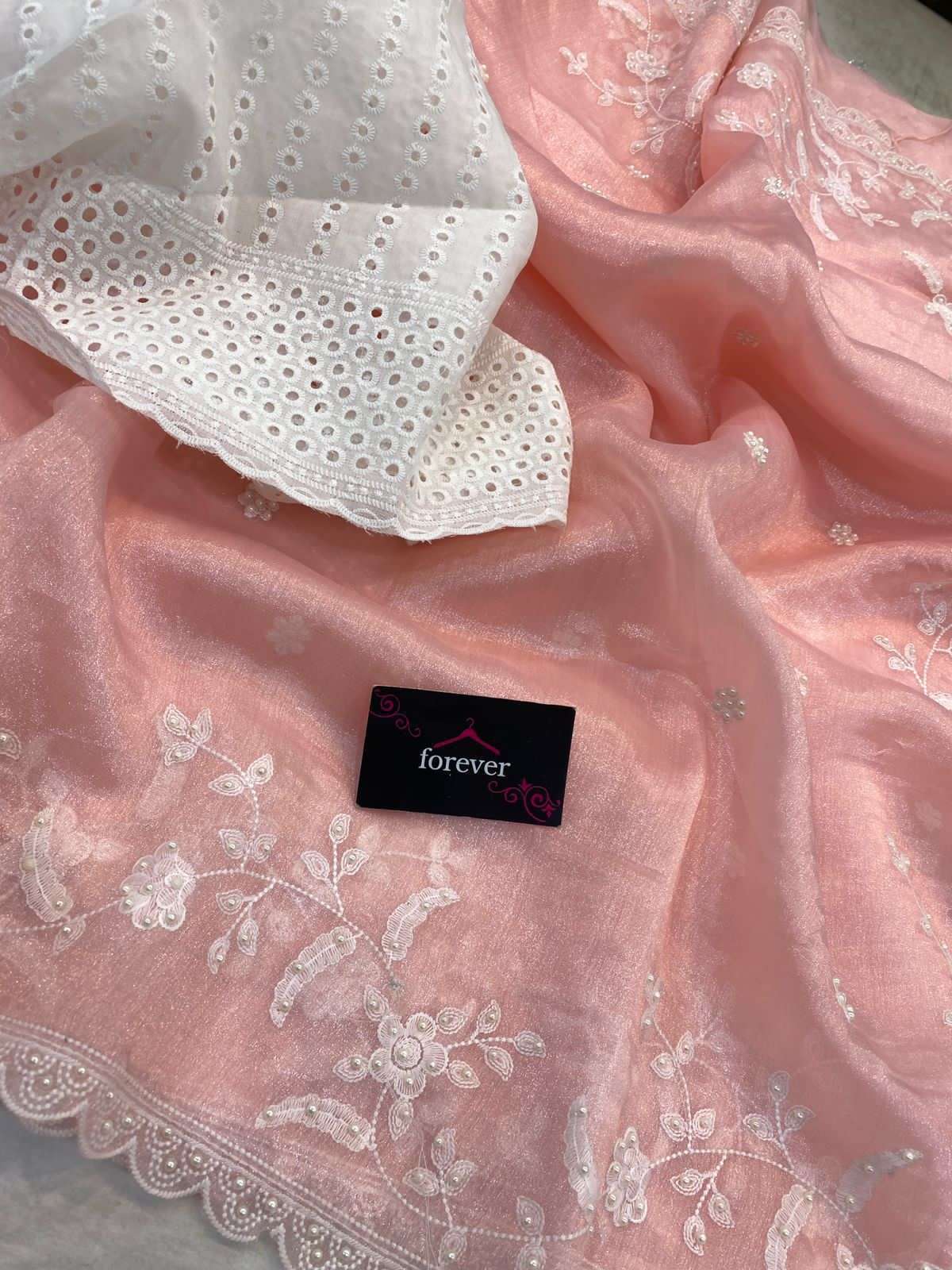 HOS Pure Khadi Organza Saree – Elegant Embroidery with Chicken Blouse - House Of ShiVisha