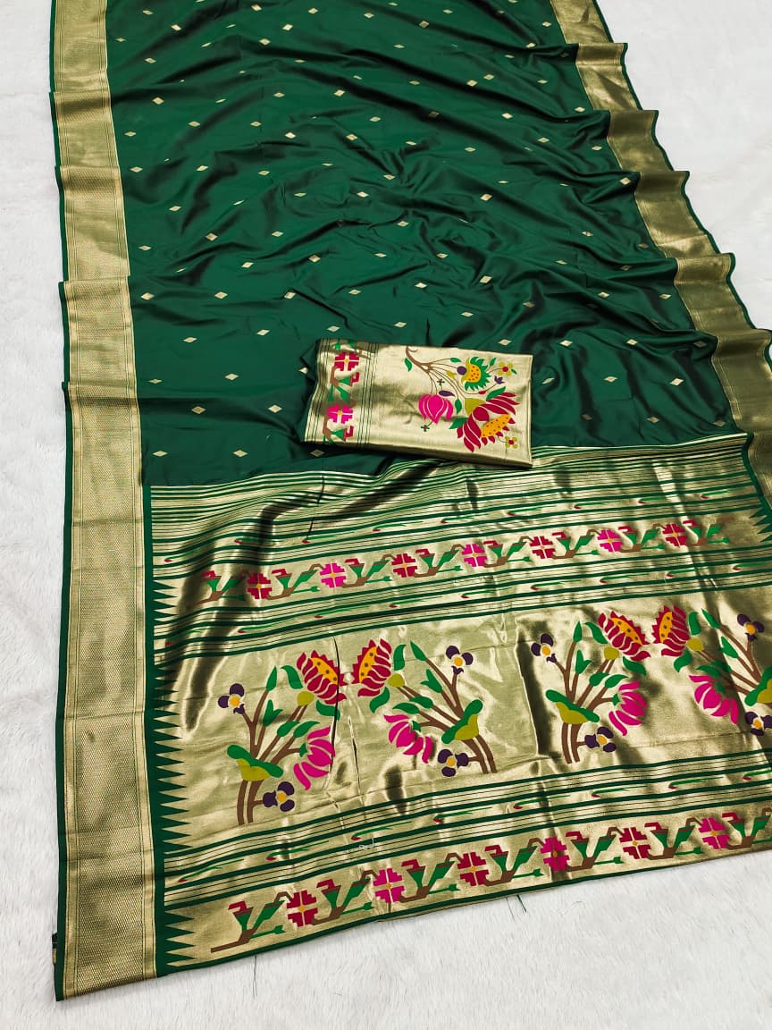 HOS SITARE Catalogue – Paithani Lichi Silk Saree with Gold Jari Butti Weaving & Brocade Blouse