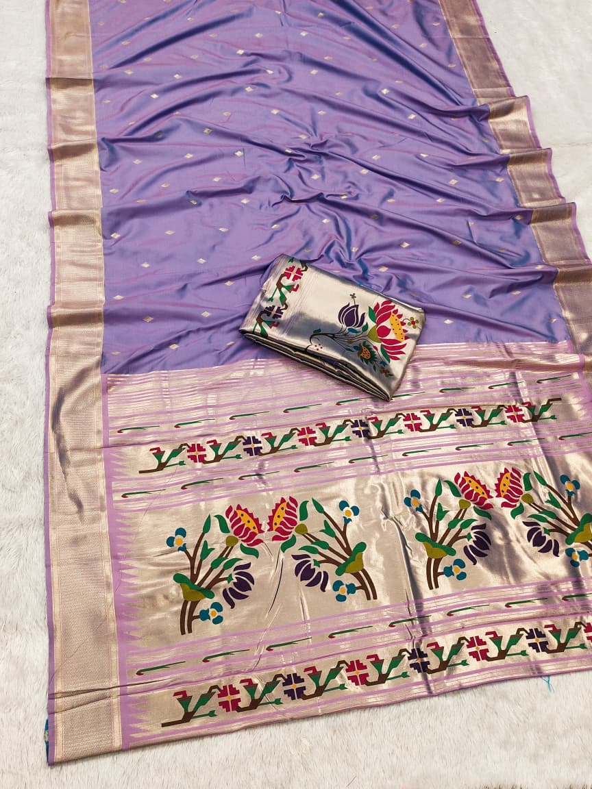 HOS SITARE Catalogue – Paithani Lichi Silk Saree with Gold Jari Butti Weaving & Brocade Blouse