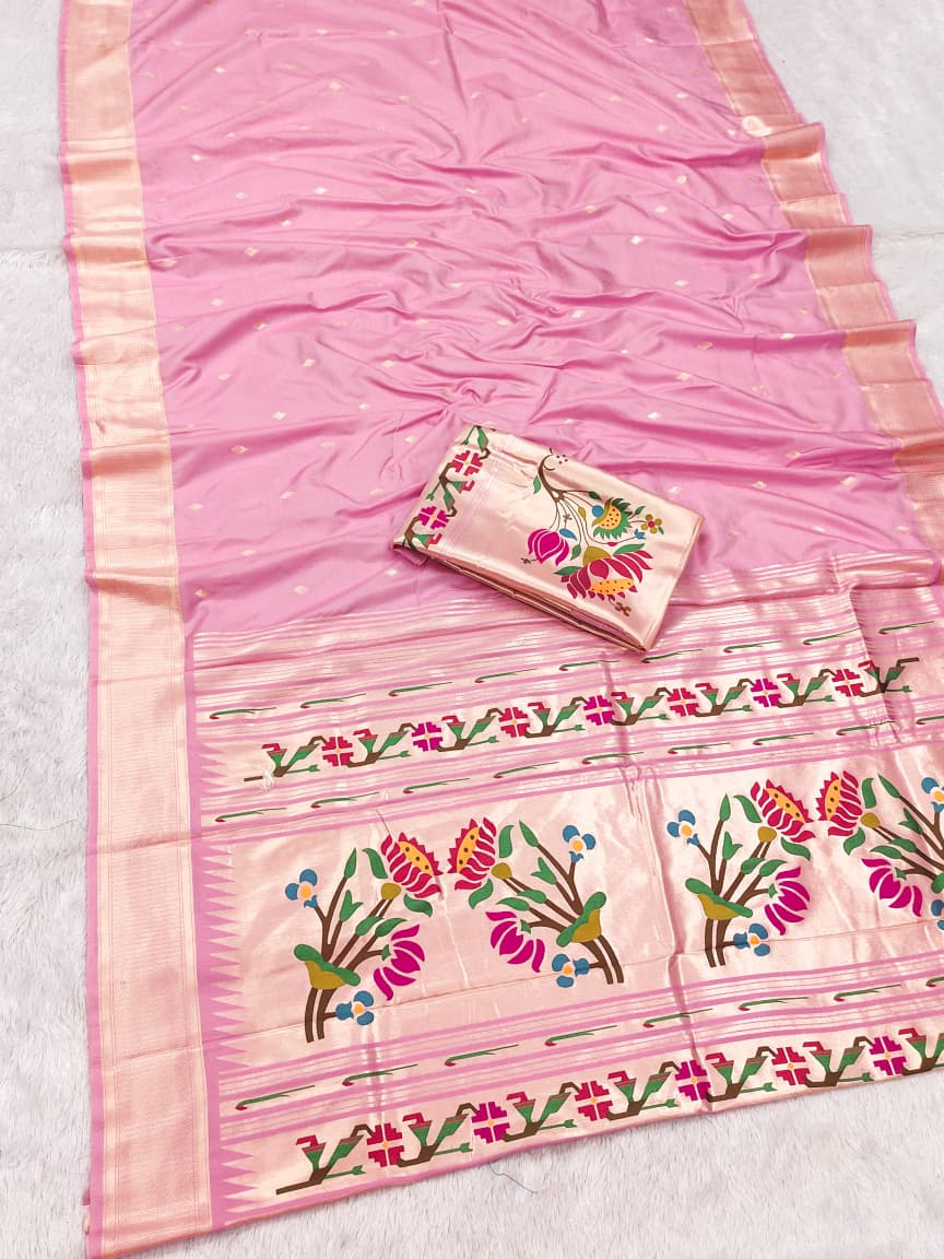 HOS SITARE Catalogue – Paithani Lichi Silk Saree with Gold Jari Butti Weaving & Brocade Blouse
