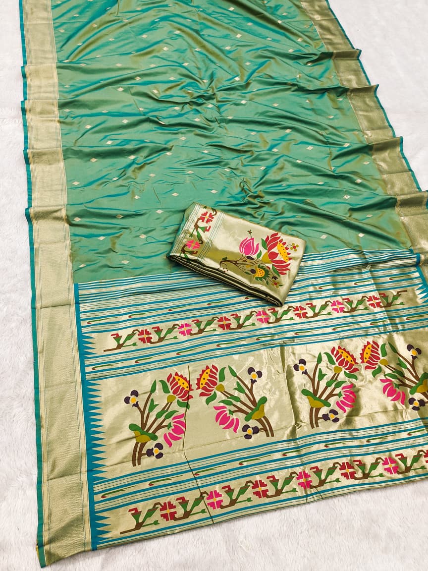 HOS SITARE Catalogue – Paithani Lichi Silk Saree with Gold Jari Butti Weaving & Brocade Blouse