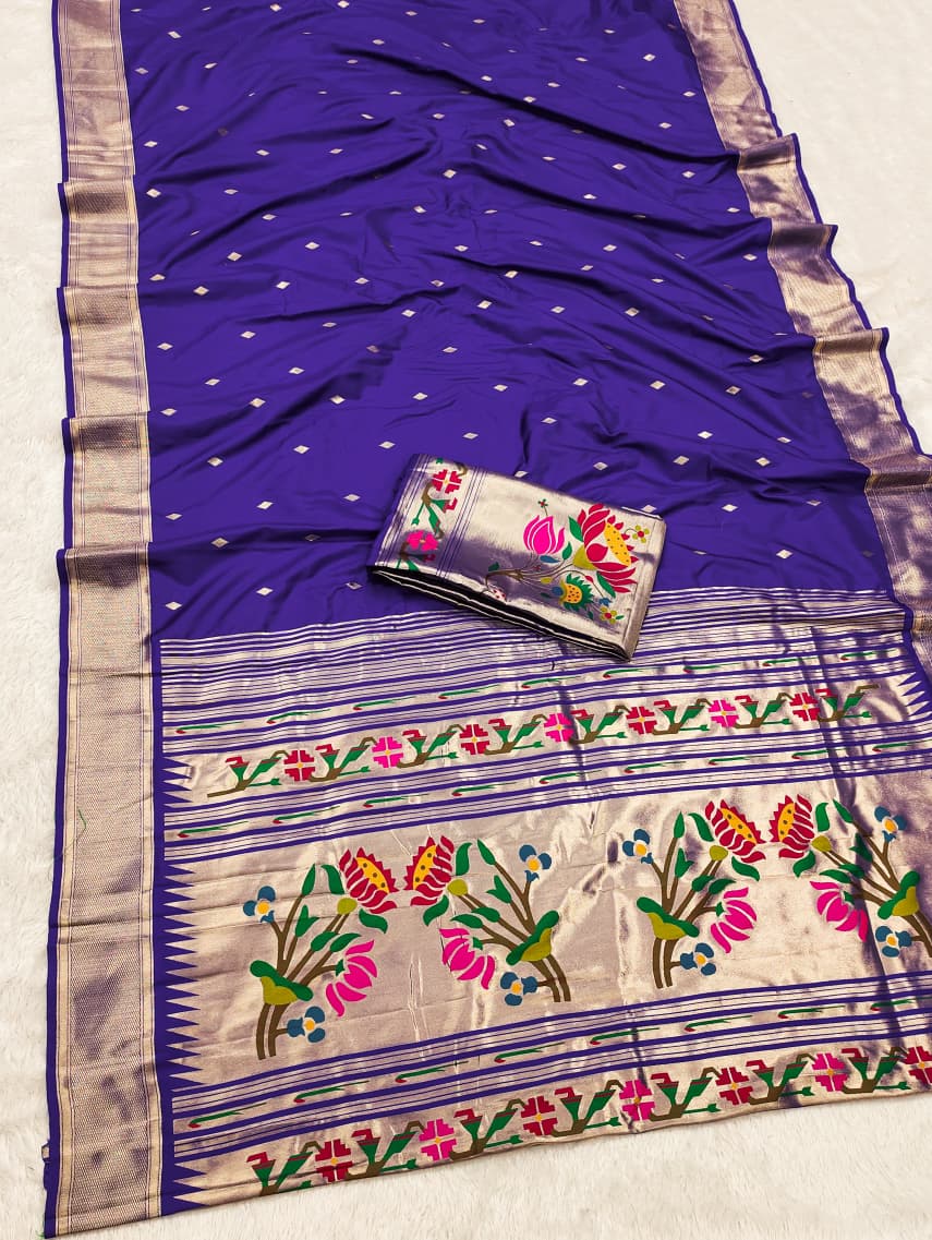 HOS SITARE Catalogue – Paithani Lichi Silk Saree with Gold Jari Butti Weaving & Brocade Blouse