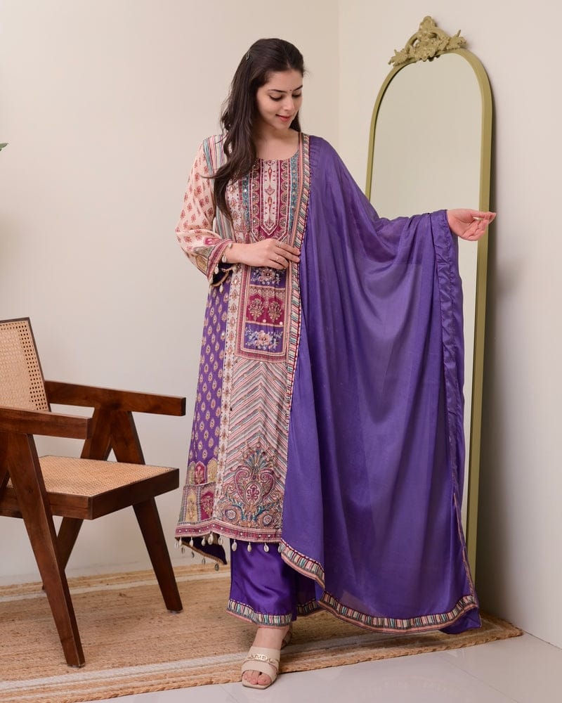 HOS Jasood Anarkali Set – Pure Chinon Kurti with Plazo, Chiffon Dupatta & Moti Mala (2 Color Kodi)