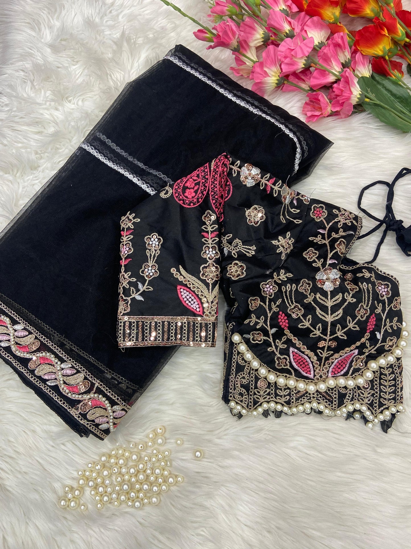 HOS ASN-60 Designer Net Saree – Embroidery, Dori, Sequins & Hand Diamond Work Border