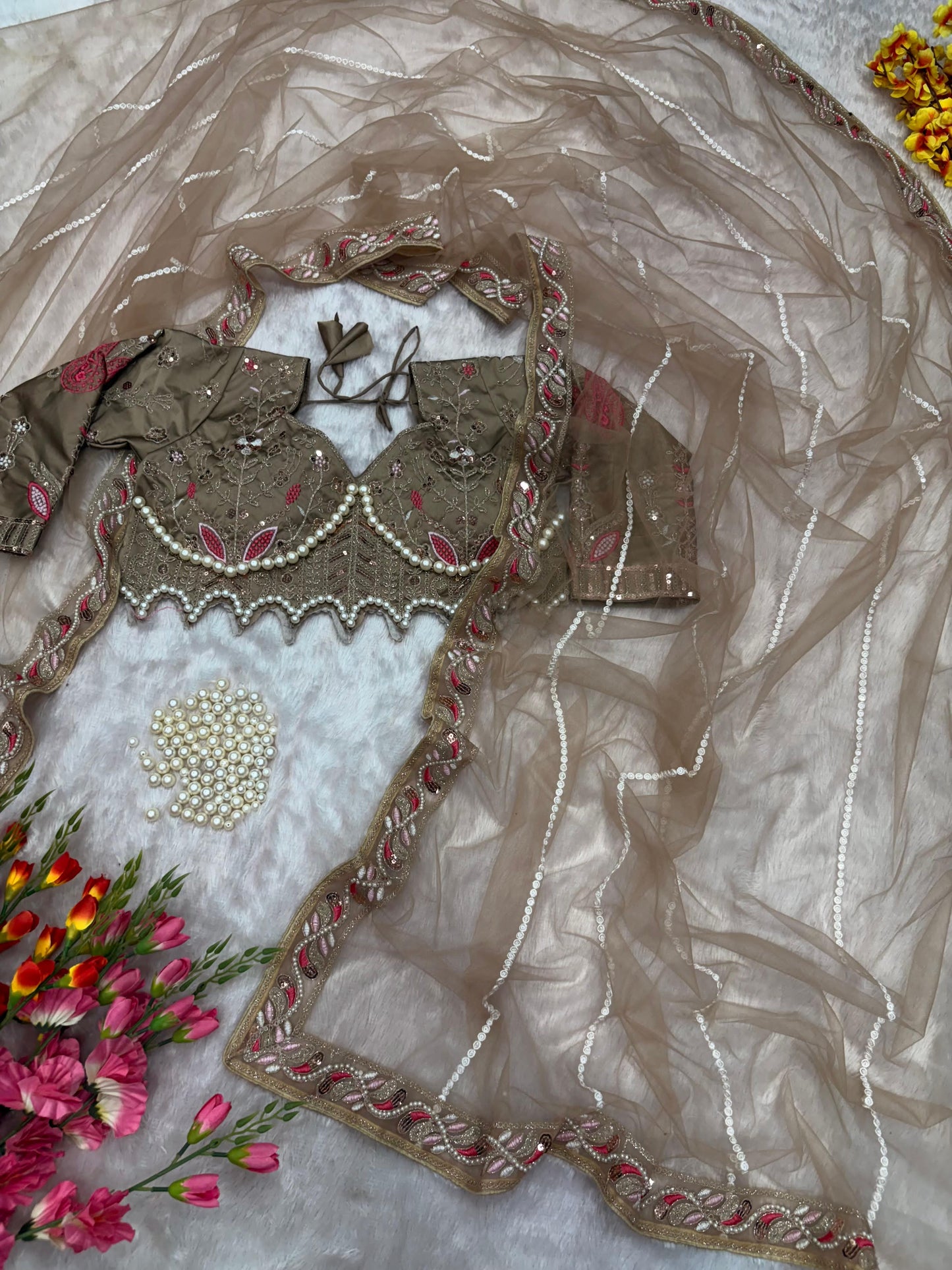HOS ASN-60 Designer Net Saree – Embroidery, Dori, Sequins & Hand Diamond Work Border