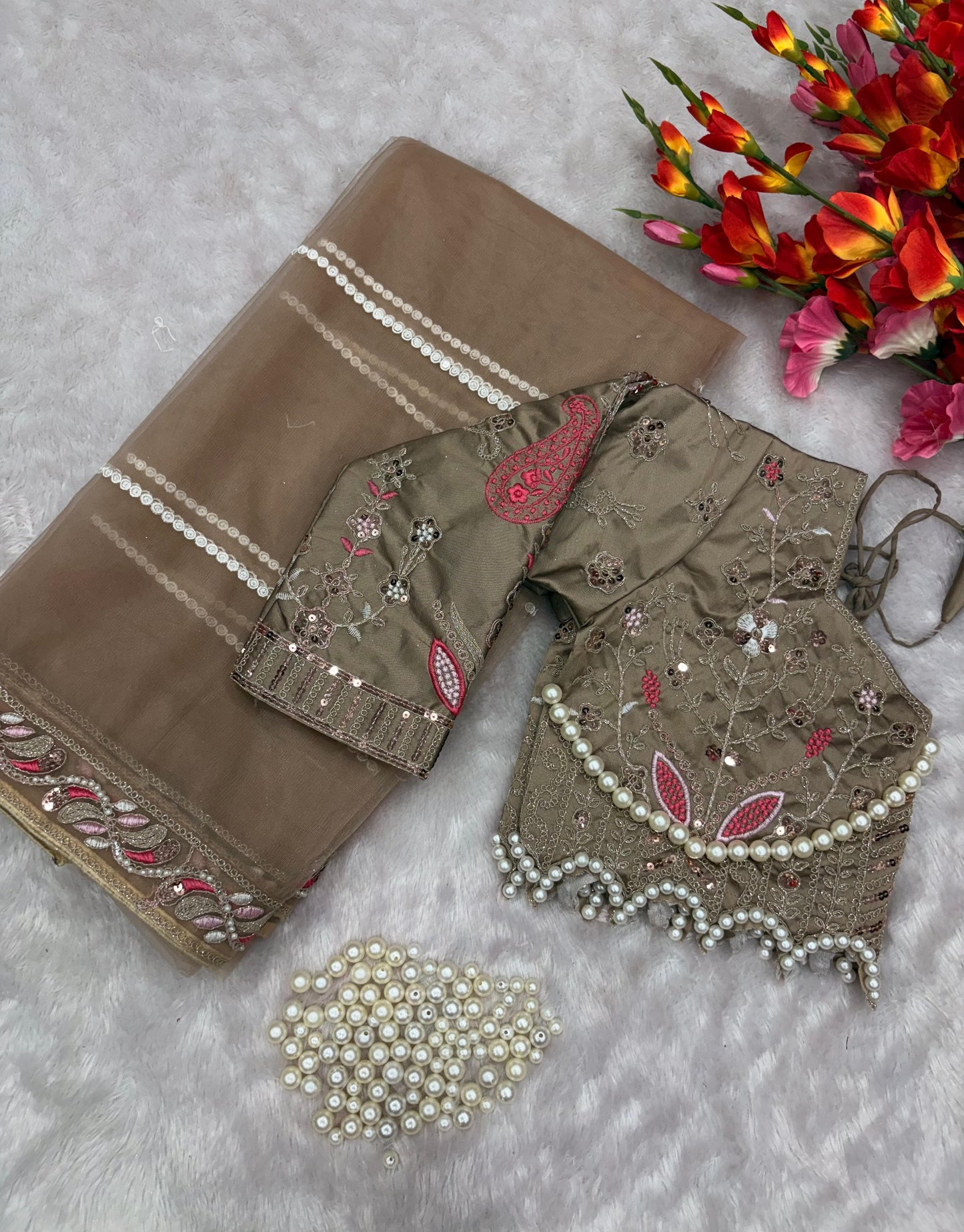 HOS ASN-60 Designer Net Saree – Embroidery, Dori, Sequins & Hand Diamond Work Border