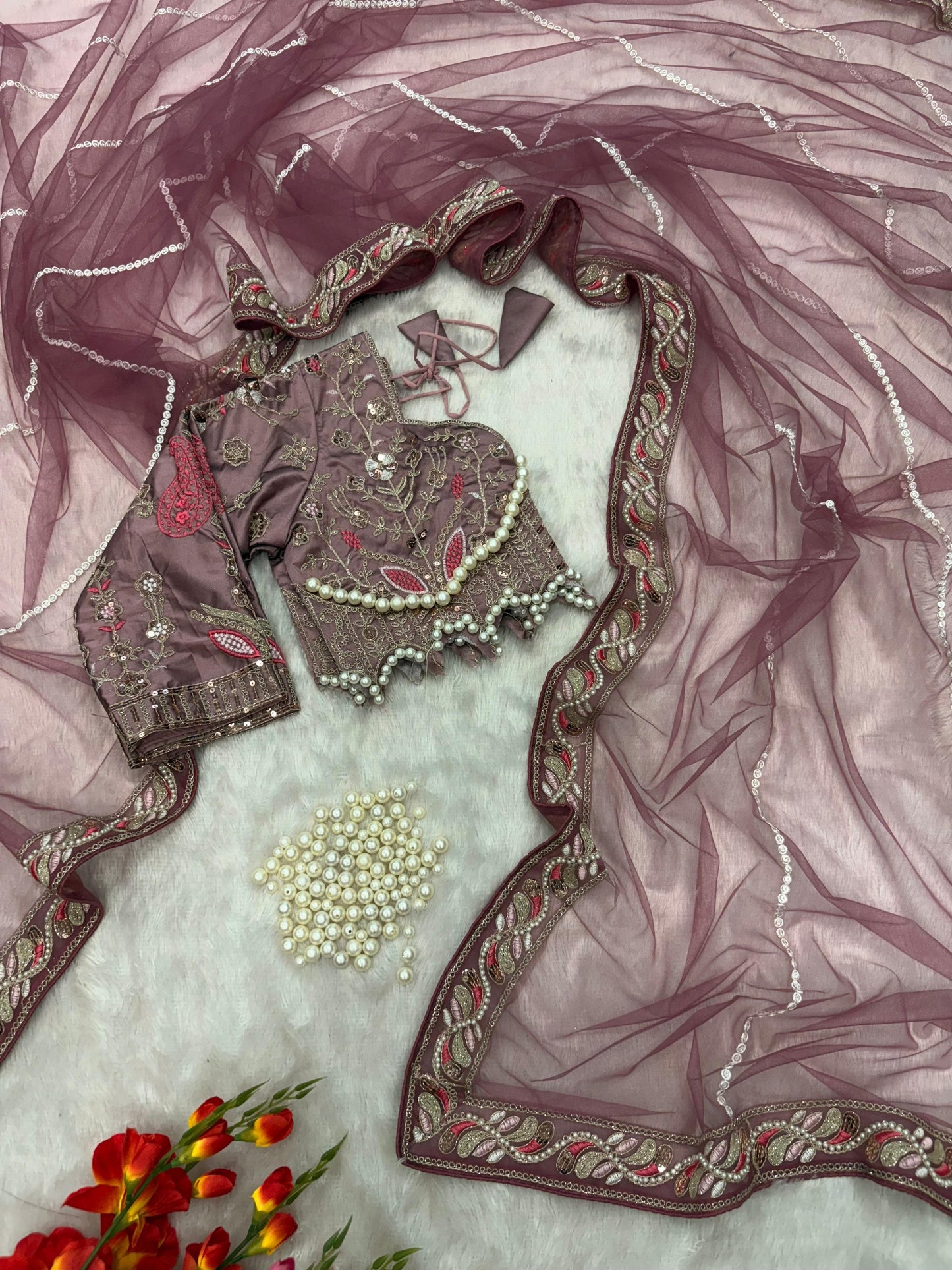 HOS ASN-60 Designer Net Saree – Embroidery, Dori, Sequins & Hand Diamond Work Border