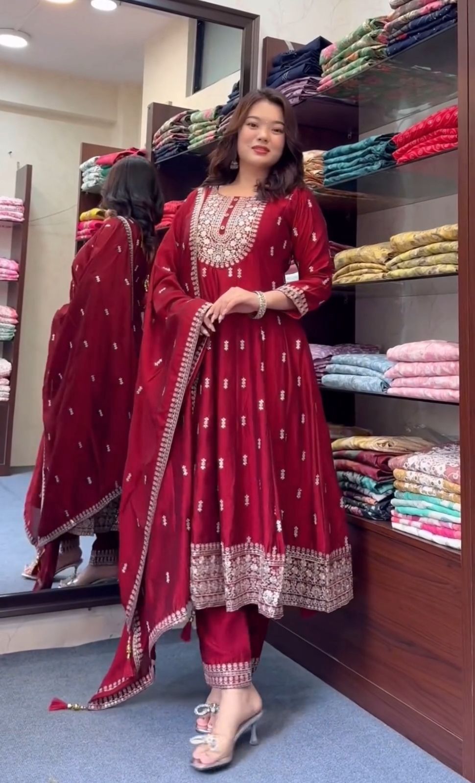 HOS FD-8054 Chinon Silk Gown Set – Embroidered Gown, Pant & Dupatta (Ready to Wear)