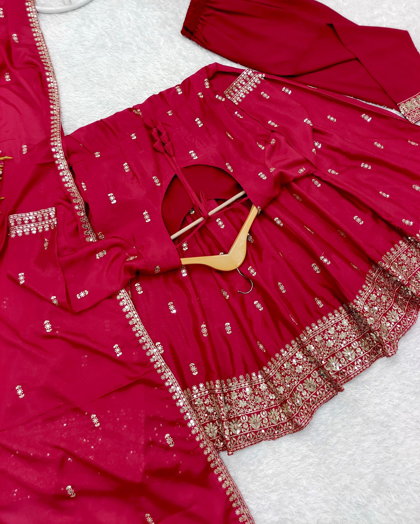 HOS FD-8054 Chinon Silk Gown Set – Embroidered Gown, Pant & Dupatta (Ready to Wear)