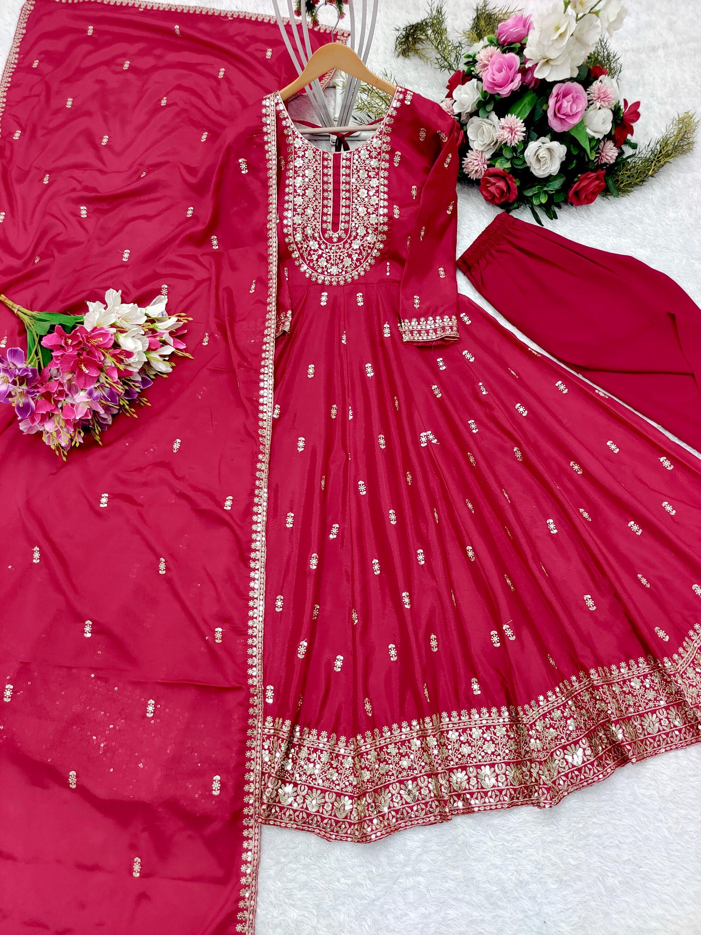 HOS FD-8054 Chinon Silk Gown Set – Embroidered Gown, Pant & Dupatta (Ready to Wear)