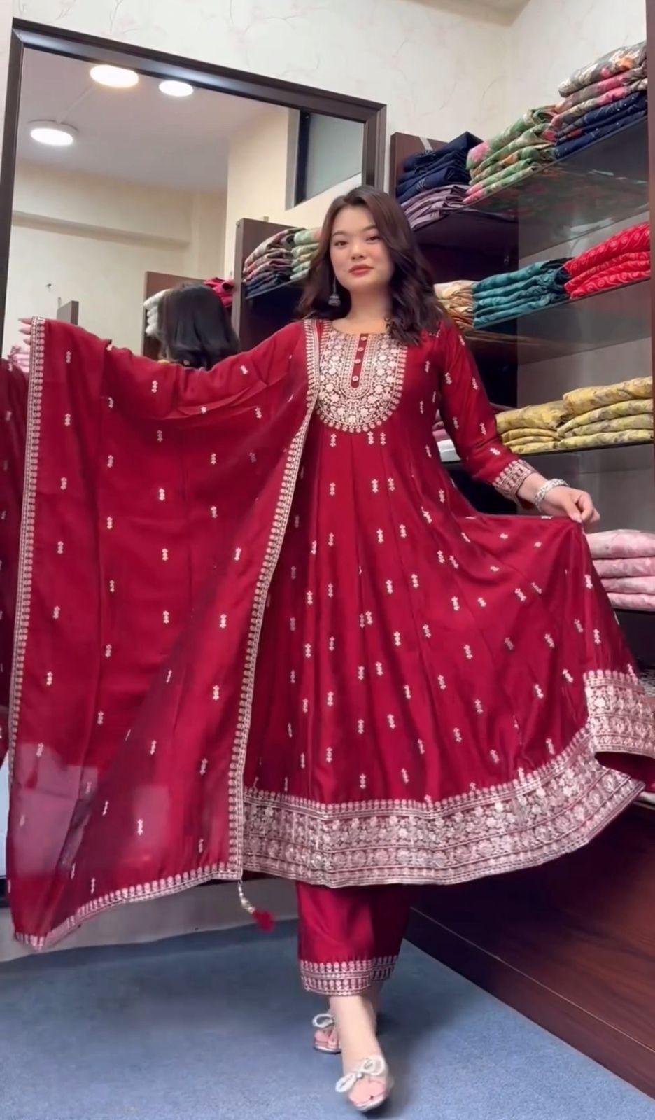 HOS FD-8054 Chinon Silk Gown Set – Embroidered Gown, Pant & Dupatta (Ready to Wear)