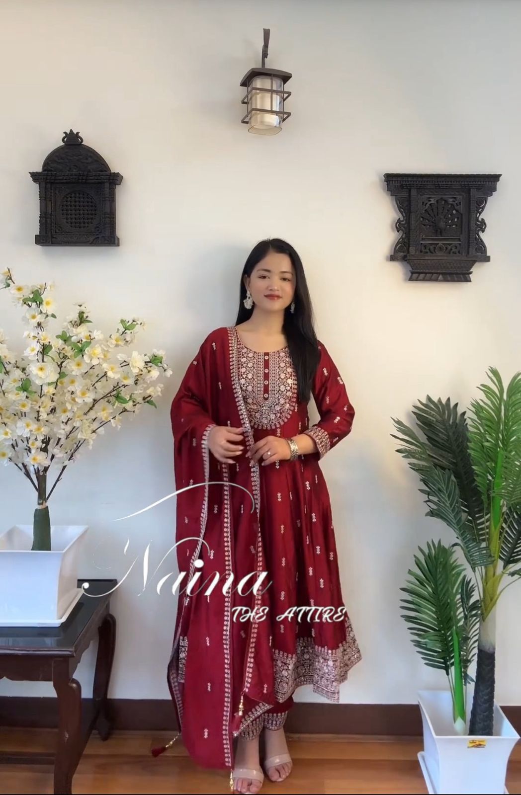 HOS FD-8054 Chinon Silk Gown Set – Embroidered Gown, Pant & Dupatta (Ready to Wear)