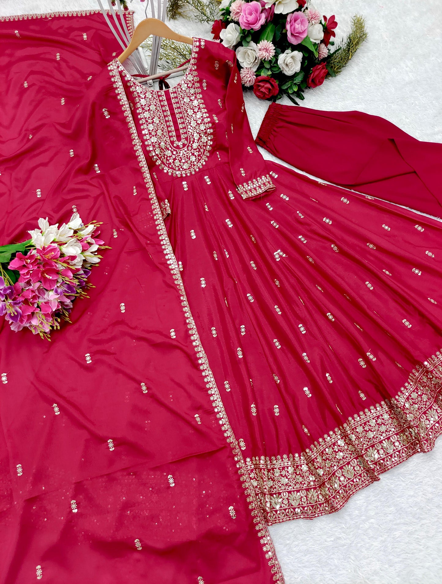 HOS FD-8054 Chinon Silk Gown Set – Embroidered Gown, Pant & Dupatta (Ready to Wear)