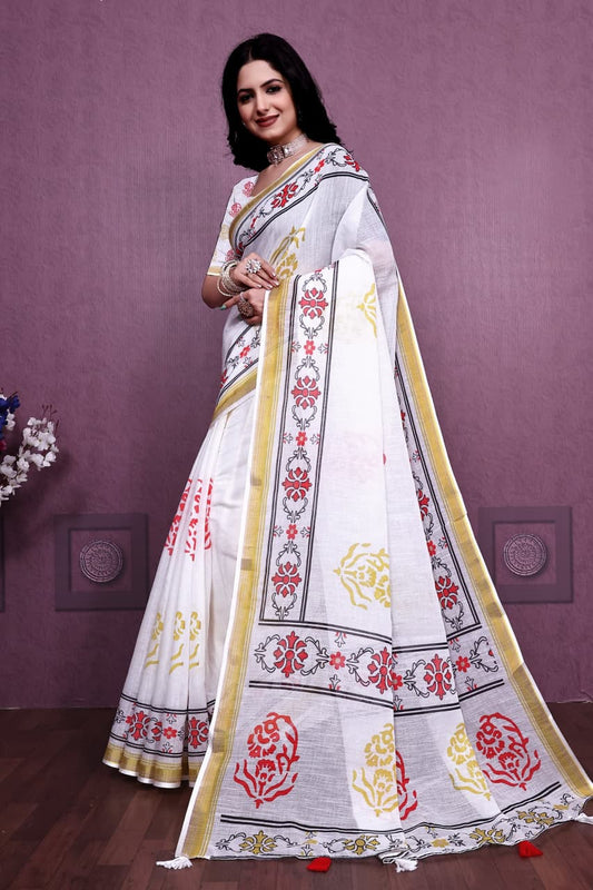 HOS AEKADASHI LILEN Catalogue – Handloom Linen Cotton Saree with Gold Zari Border & Digital Print