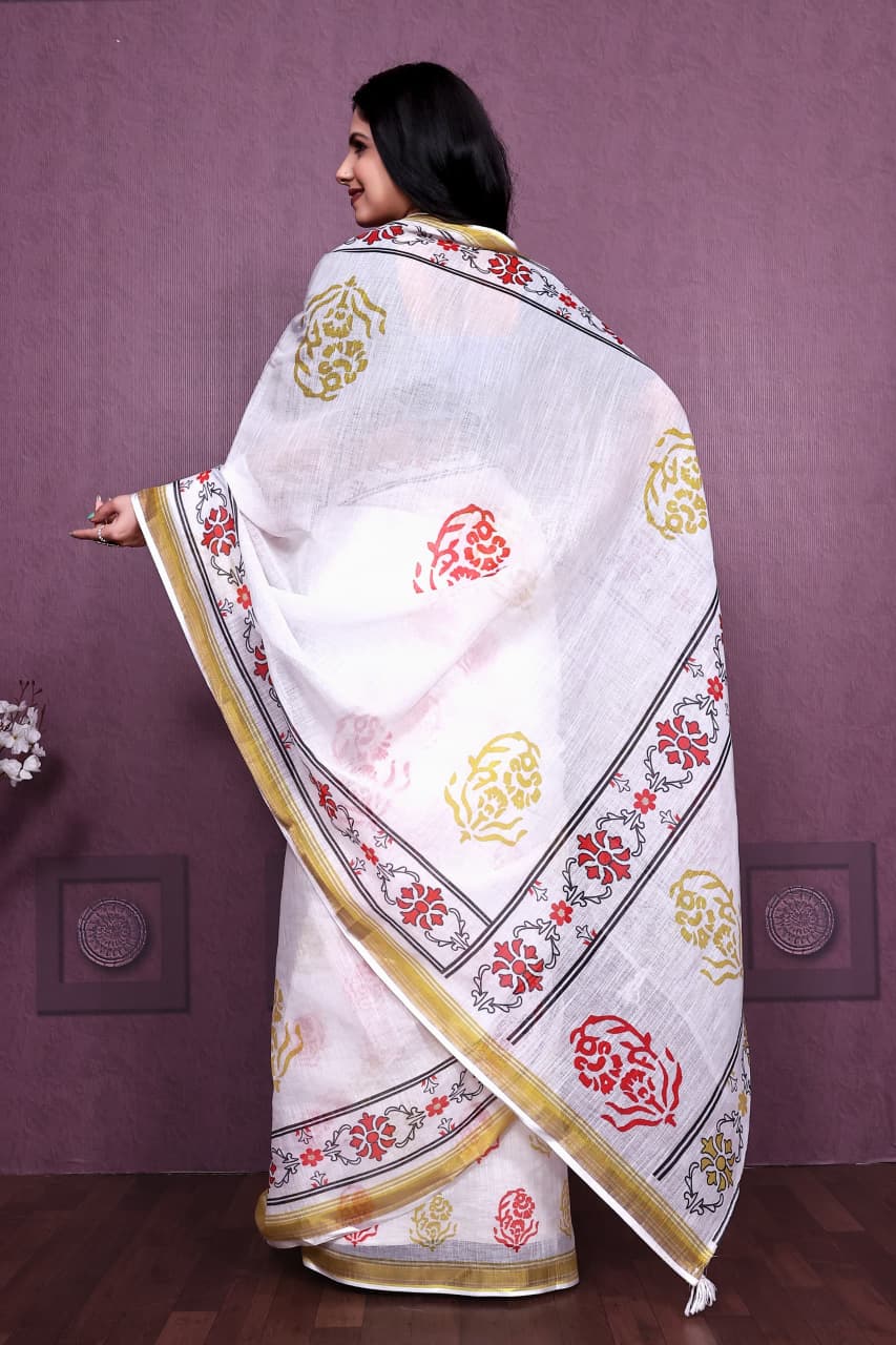 HOS AEKADASHI LILEN Catalogue – Handloom Linen Cotton Saree with Gold Zari Border & Digital Print