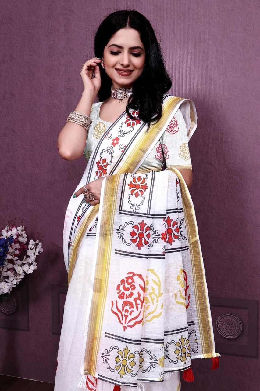 HOS AEKADASHI LILEN Catalogue – Handloom Linen Cotton Saree with Gold Zari Border & Digital Print