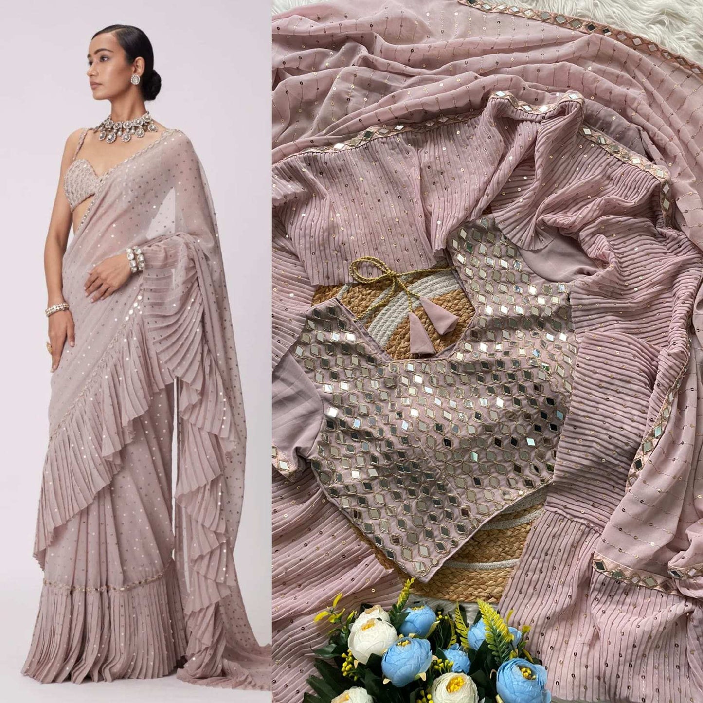 HOS 3455 Sequins Crush Pleated Saree with Mirror Work - House Of ShiVisha