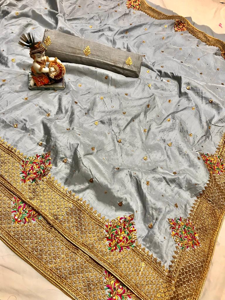 HOS Mushroom Pure Silk Saree with Kashmiri Embroidery