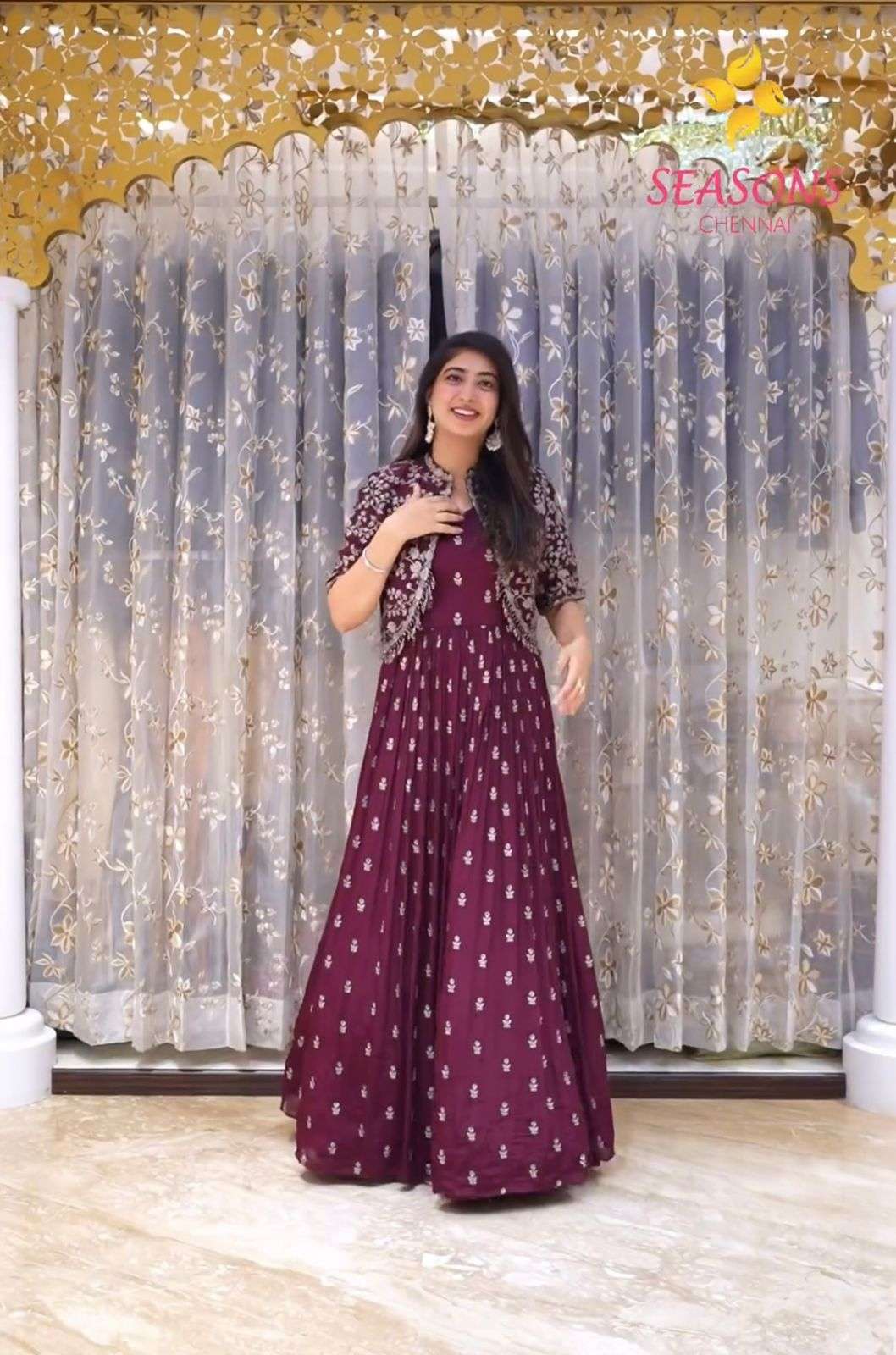 HOS Cinon Silk Gown with Embroidered Jacket Set - House Of ShiVisha